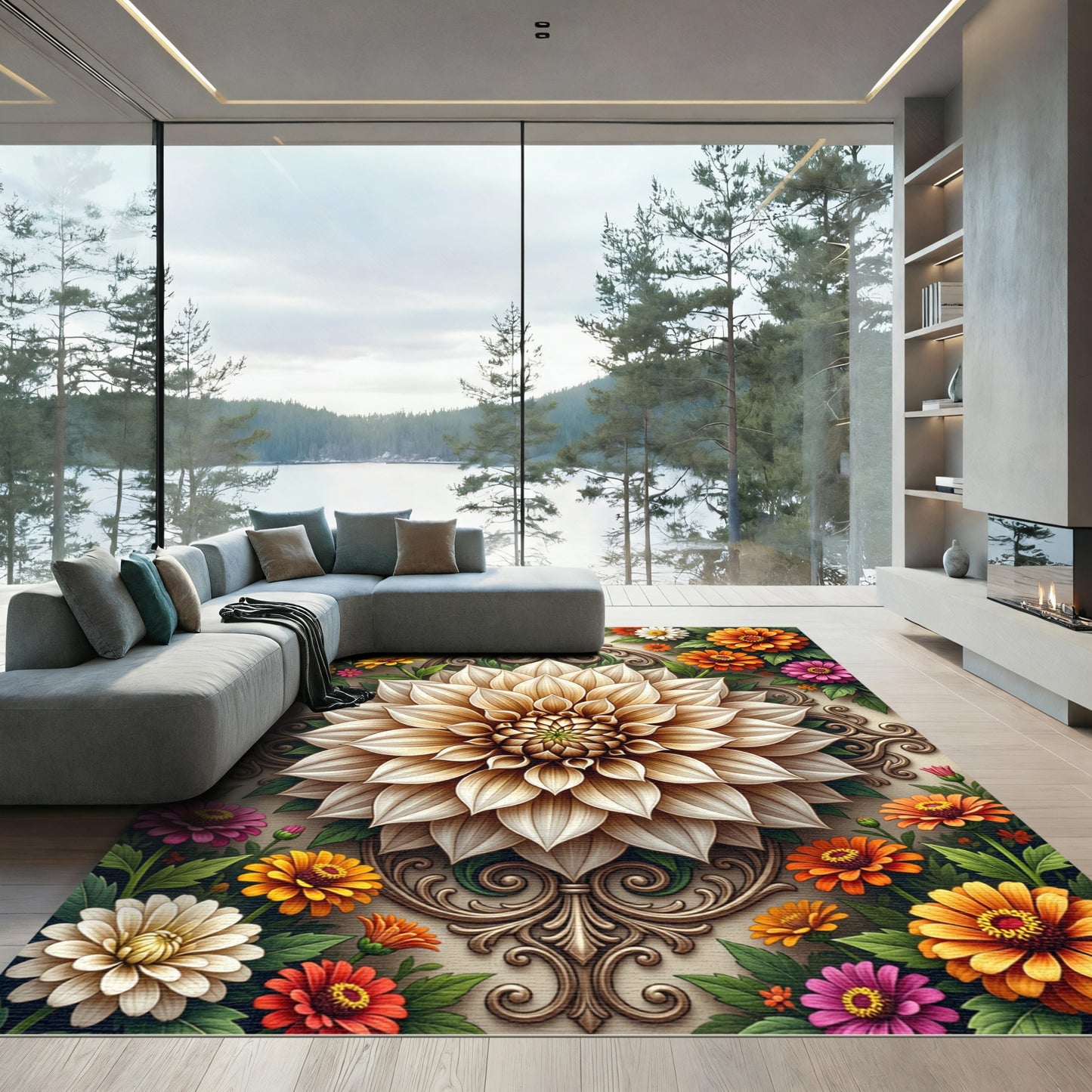 Elegant Cream Dahlia Ornate Floral Art Rug