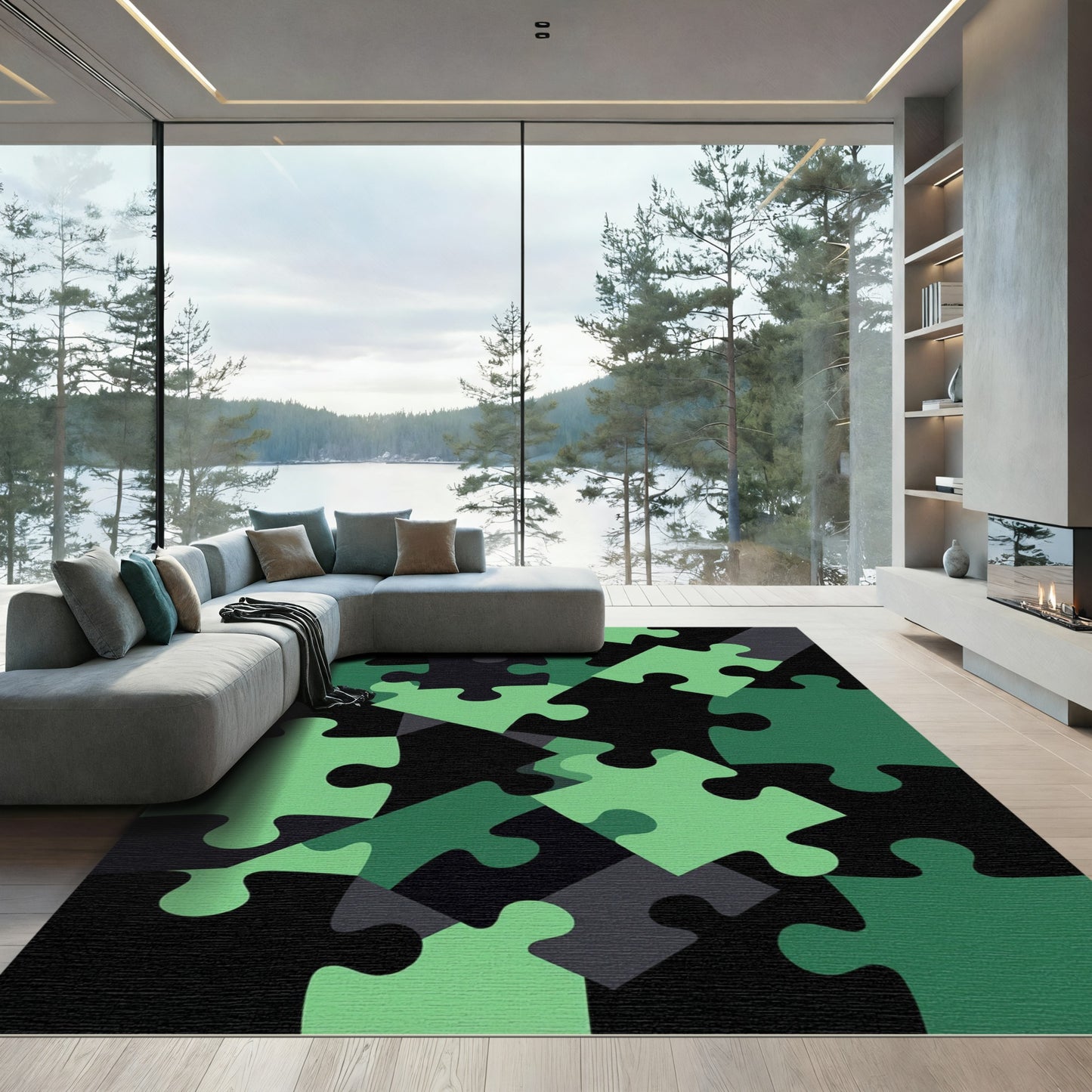 Abstract Green Interlocking Puzzle Geometric Rug
