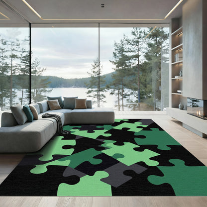 Abstract Green Interlocking Puzzle Geometric Rug