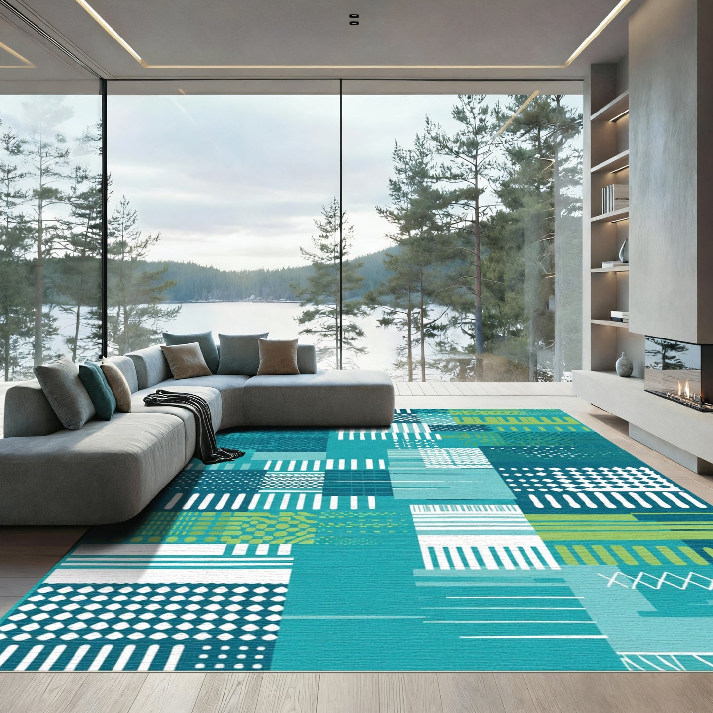 Teal Green White Geometric Collage Rug