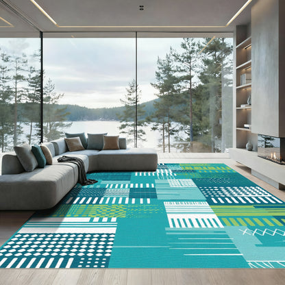Teal Green White Geometric Collage Rug