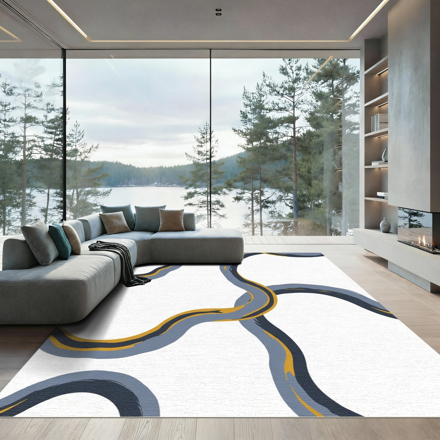 Abstract Wavy Blue Gold Lines Rug