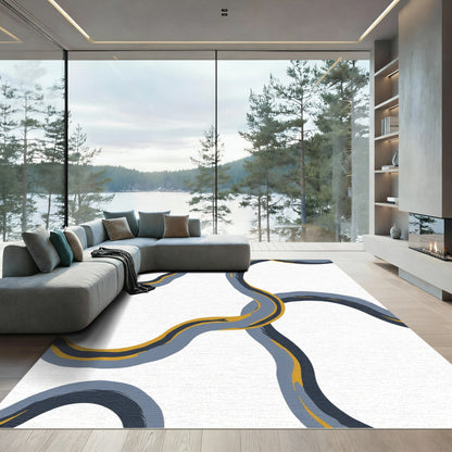 Abstract Wavy Blue Gold Lines Rug