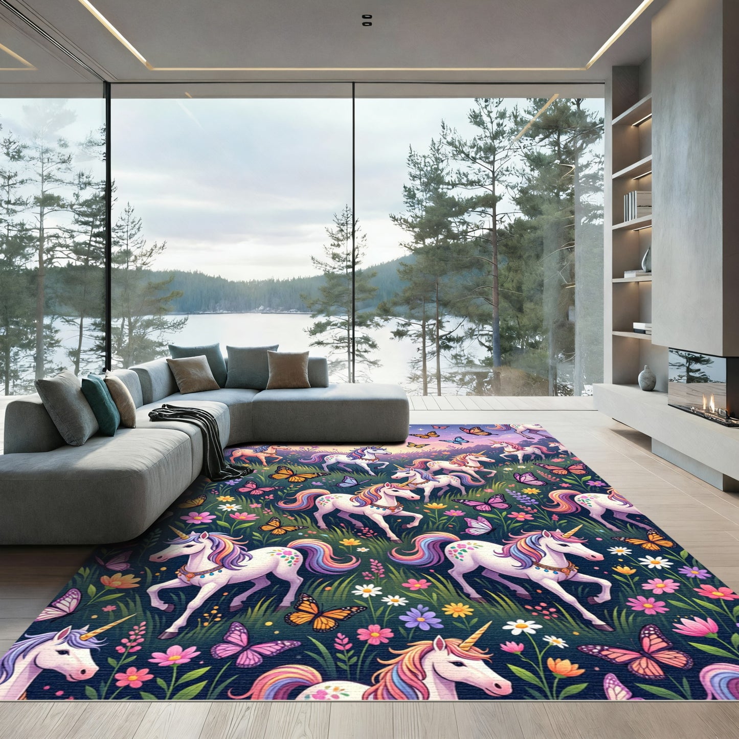 Whimsical Pastel Unicorn Butterfly Garden Rug