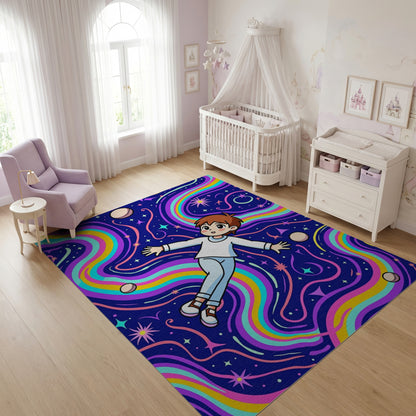 Cosmic Rainbow Waves Floating Boy Stars Rug