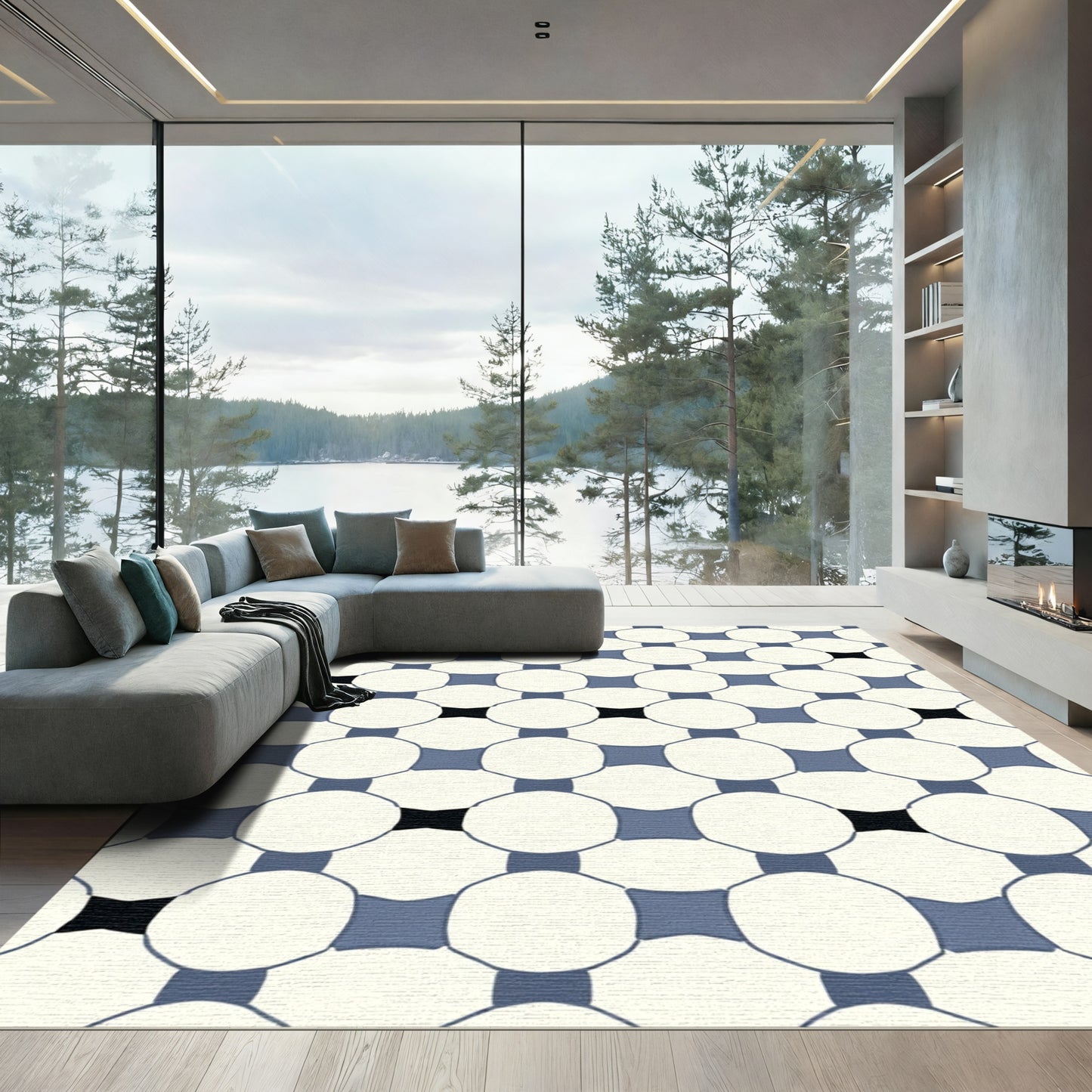 Cream Blue Interlocking Circles Rug