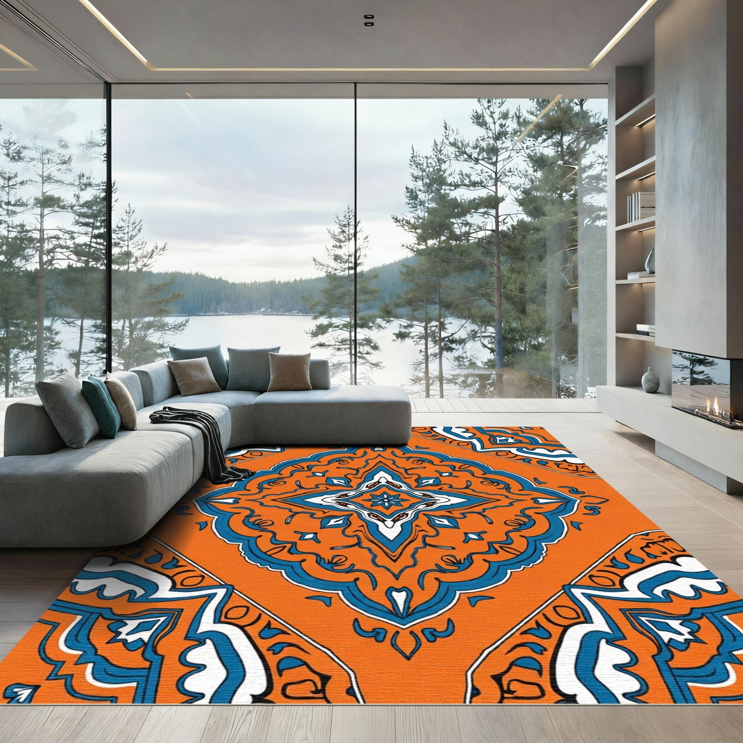 Vibrant Orange Blue Medallion Composition Rug
