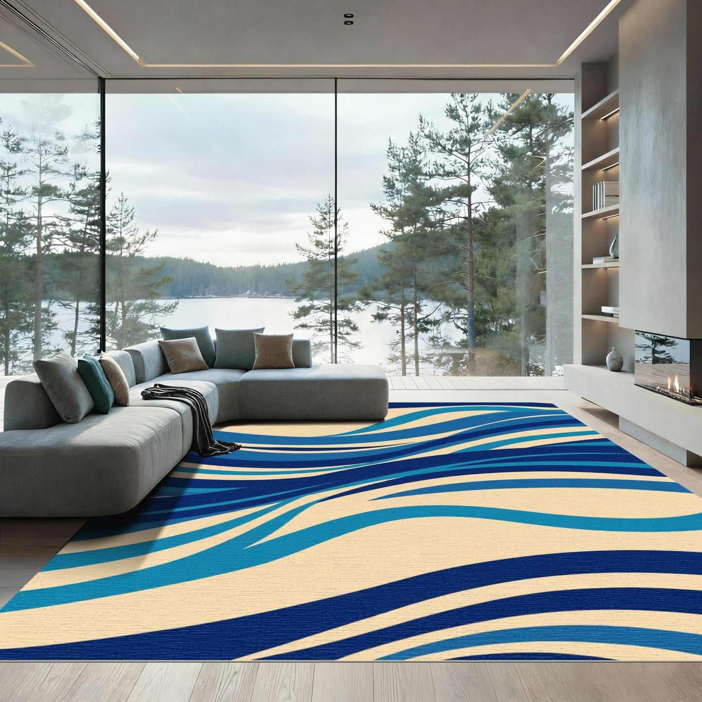 Cool Blue Waves Abstract Rug
