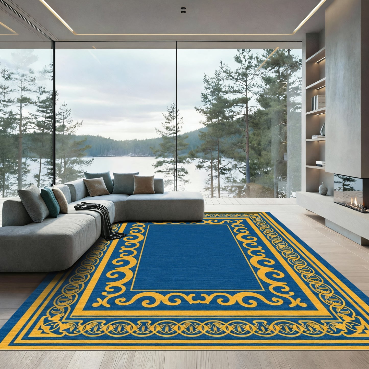 Gold Blue Ornate Scroll Frame Rug