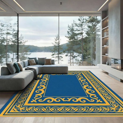 Gold Blue Ornate Scroll Frame Rug