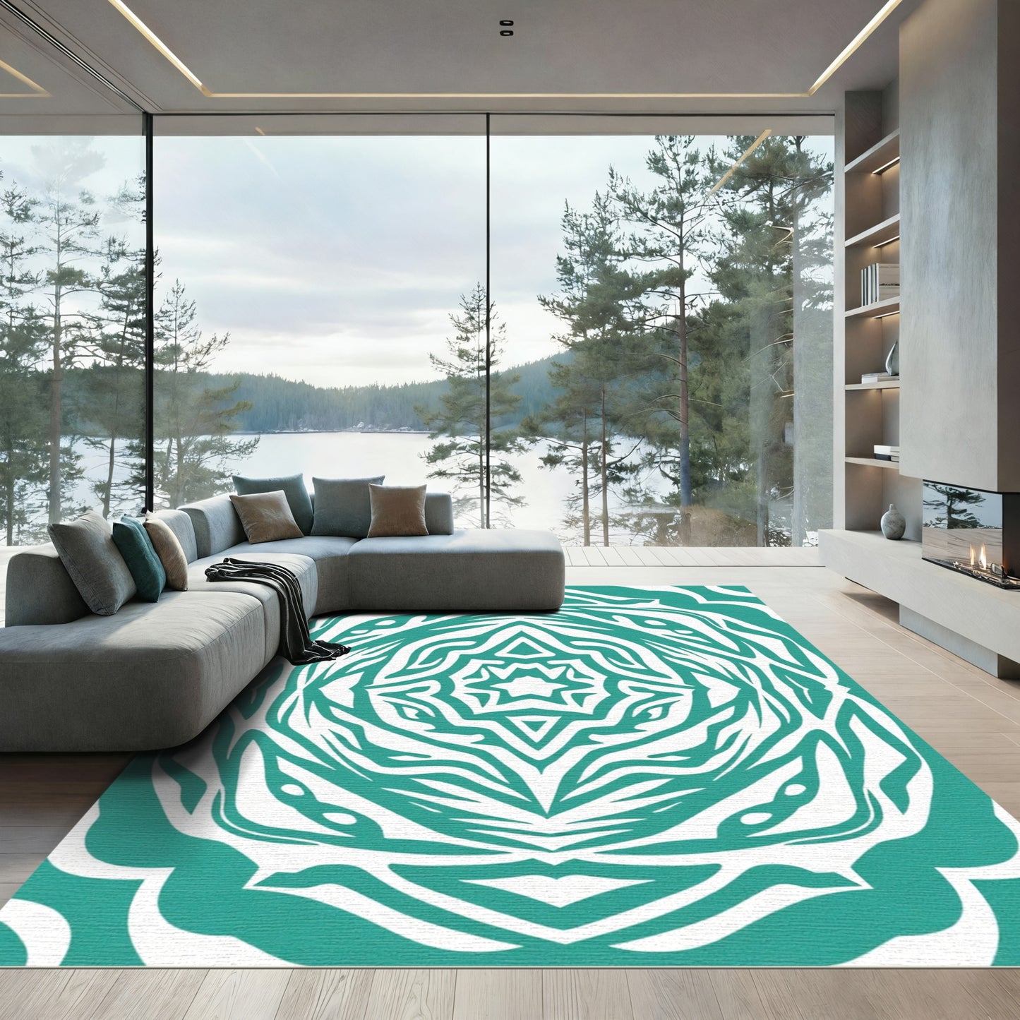 Teal And White Symmetry Star Rug