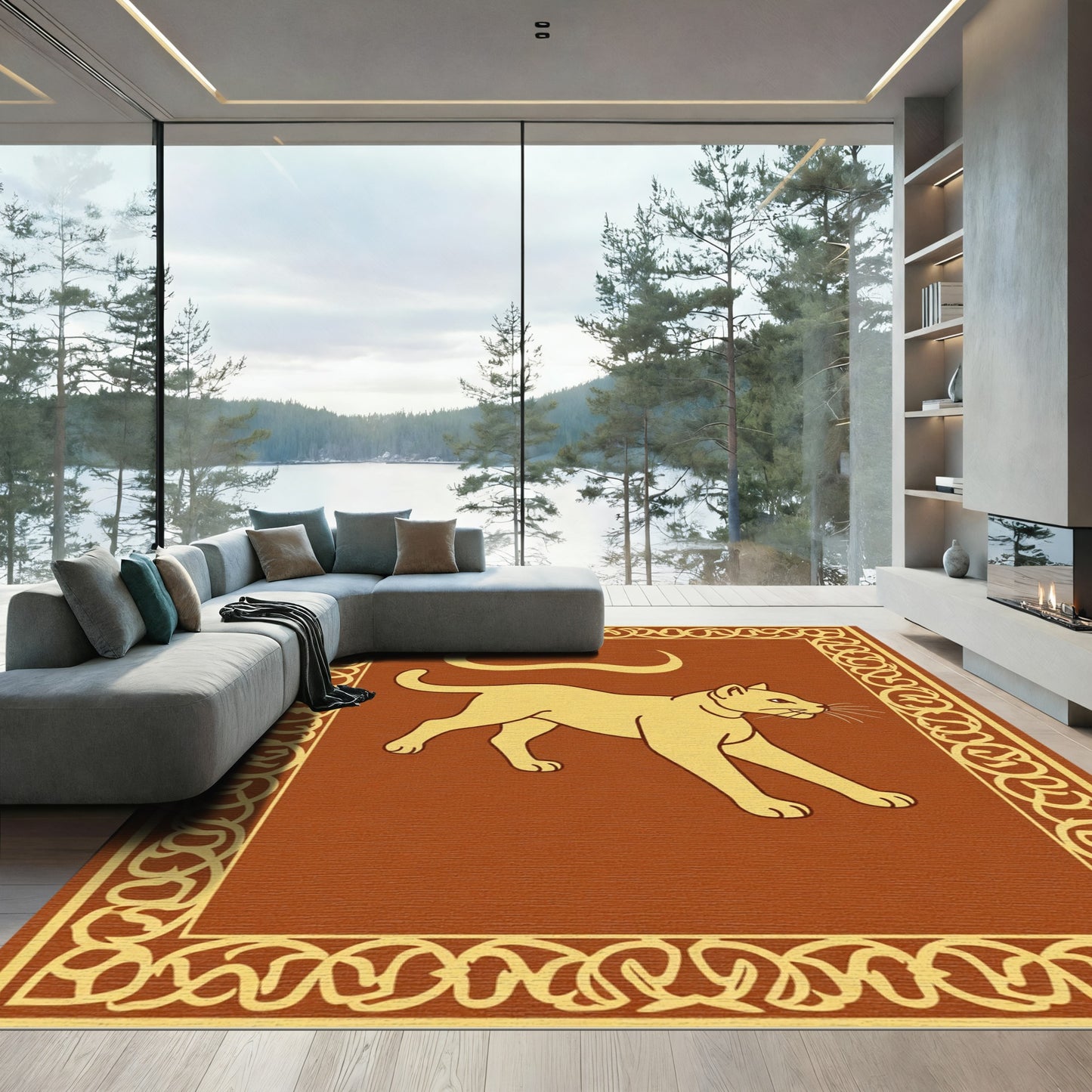 Golden Cat Outline Ornate Frame Rug