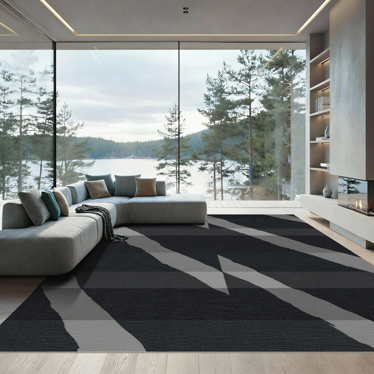 Dark Gray Diagonal Stripe Geometric Rug