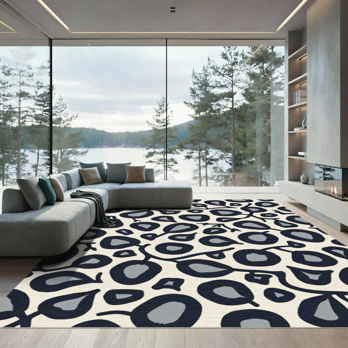 Cream and Gray Leafy Branch Pattern Rug