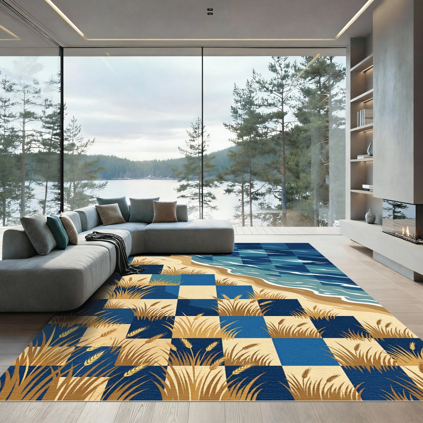Coastal Wheat Field Checkerboard Blue Rug
