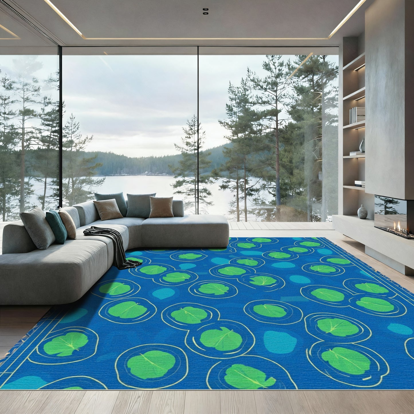 Blue Green Leafy Bubbles Border Rug