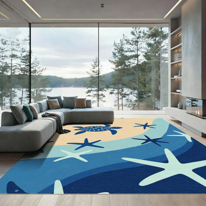 Navy Blue Turtle Beach Starfish Waves Rug