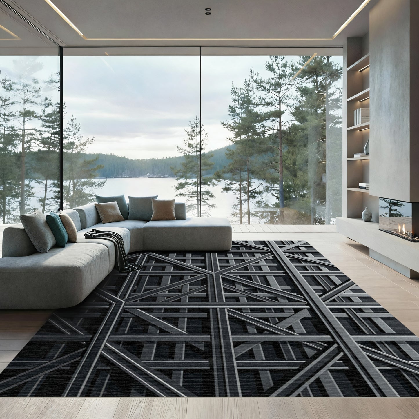 Dark Gray Intersecting Geometric Lattice Rug