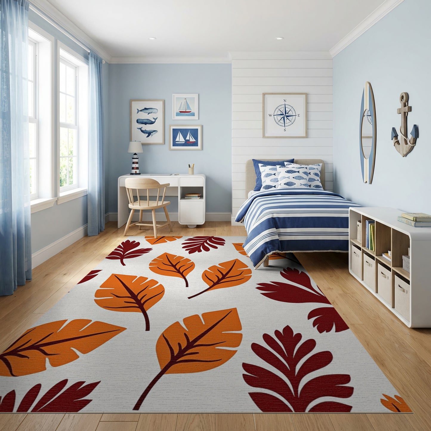 Bold Orange Maroon Tropical Leaves Rug