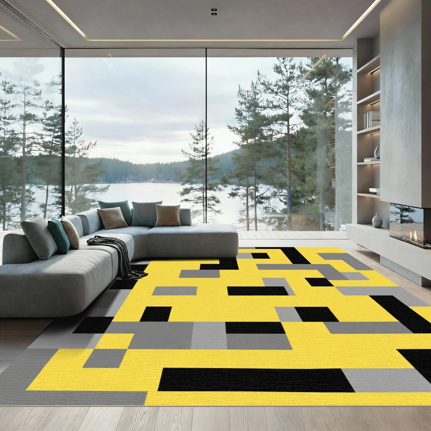 Modern Yellow Gray Black Geometric Blocks Rug