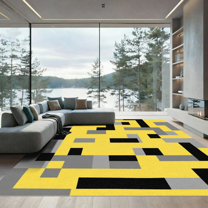 Modern Yellow Gray Black Geometric Blocks Rug