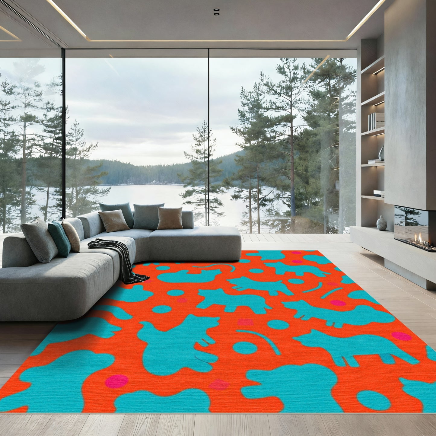 Teal Animals Orange Abstract Collage Rug