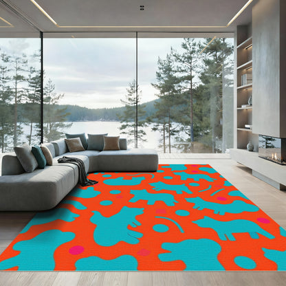 Teal Animals Orange Abstract Collage Rug
