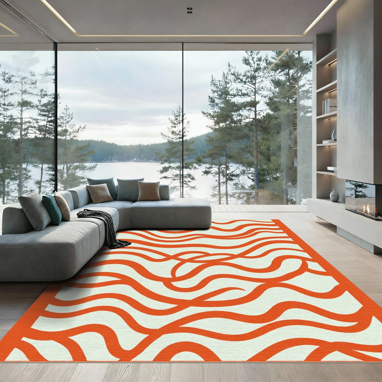 Bright Orange Wavy Swirls Rug
