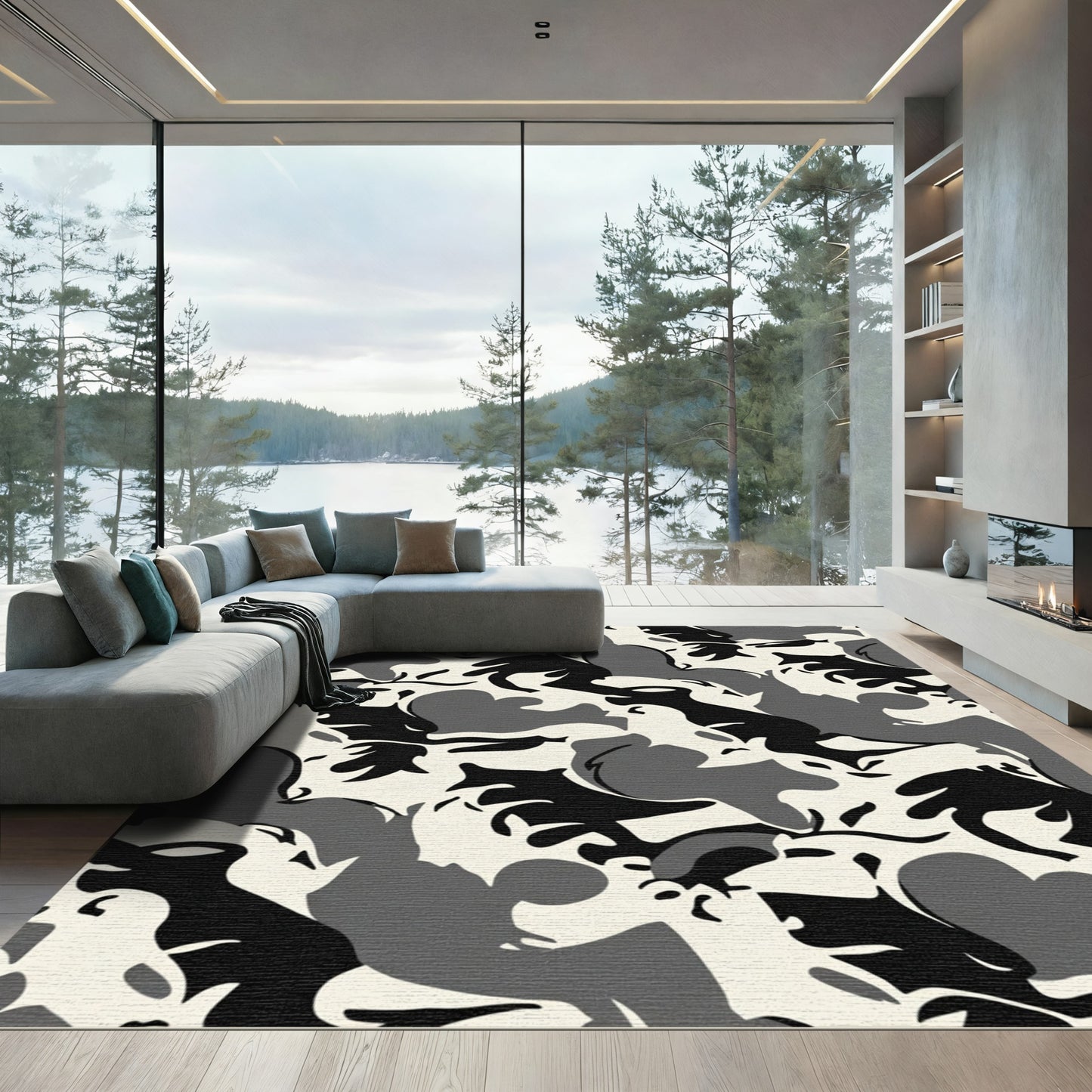 Monochromatic Camouflage Abstract Shapes Rug