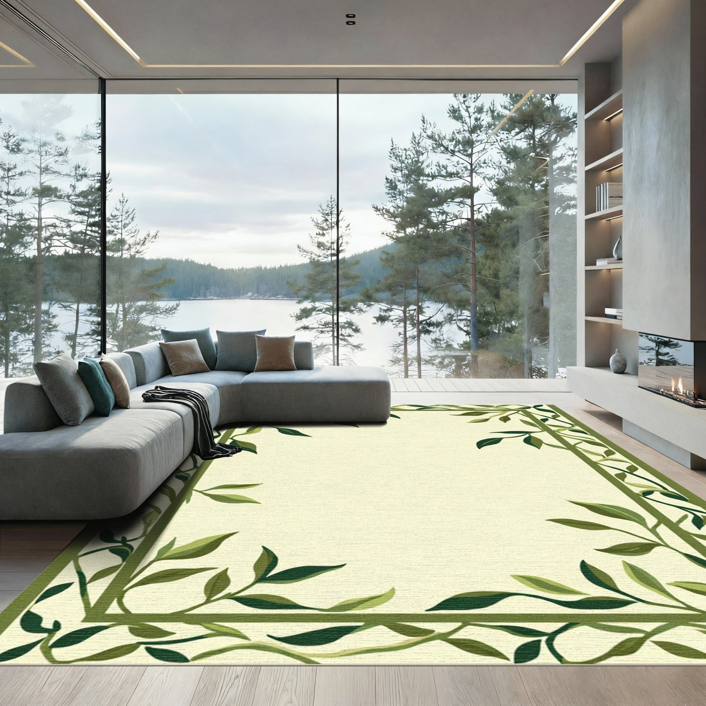 Green Leaf Vine Botanical Border Rug