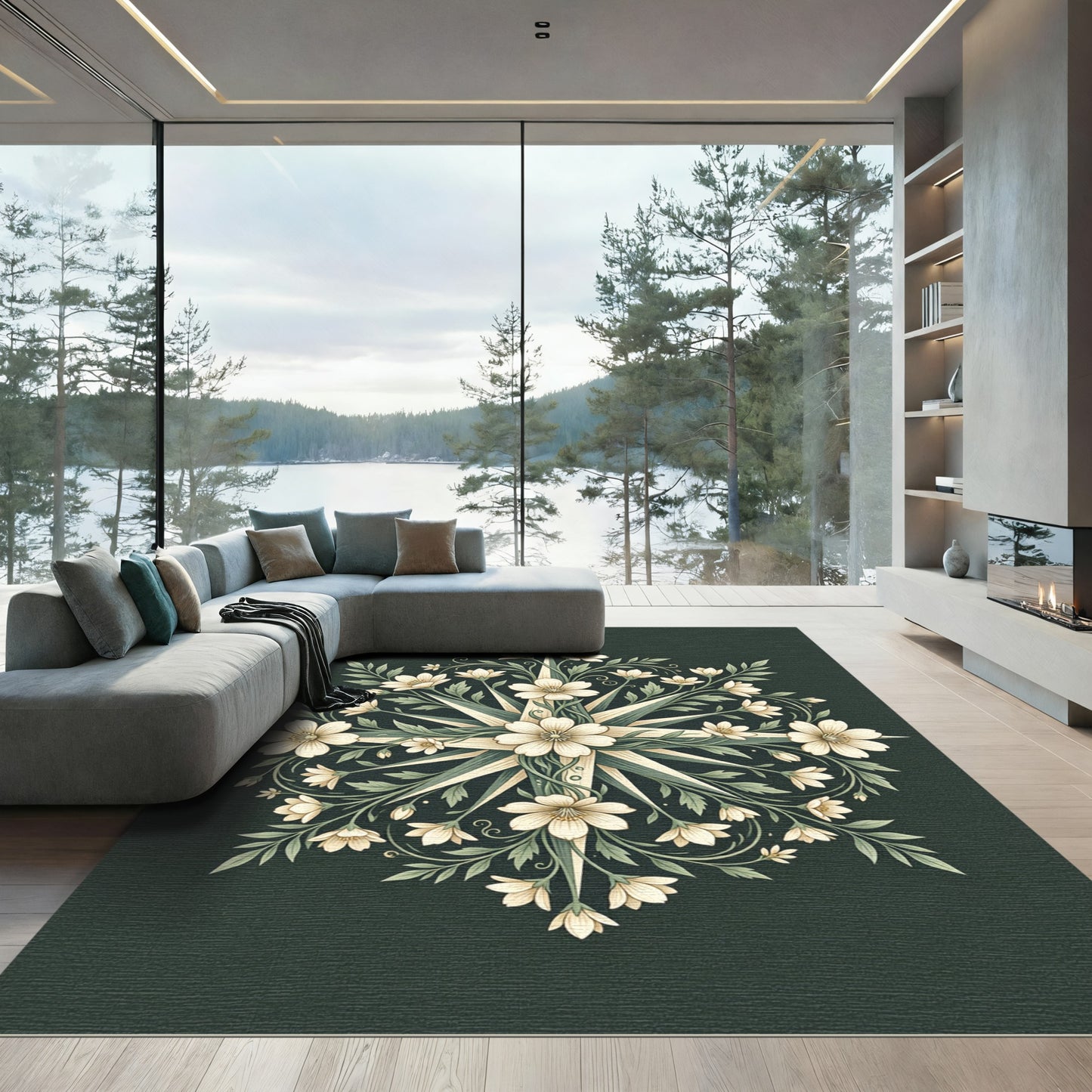 Ethereal Sage Floral Compass Medallion Rug