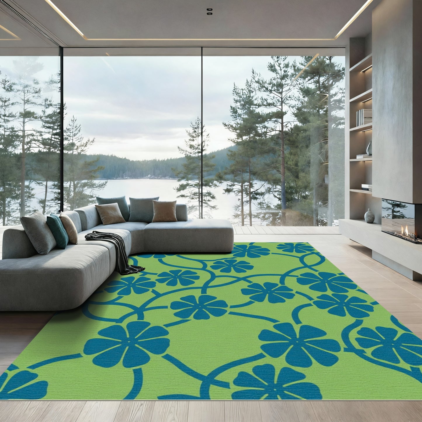 Green Floral Vine Blue Swirls Accents Rug