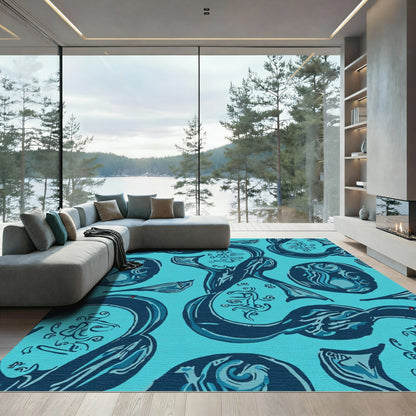 Deep Blue Abstract Figures Swirl Rug