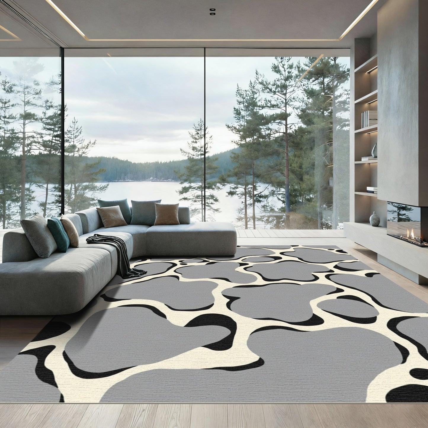 Modern Gray Organic Blob Composition Rug