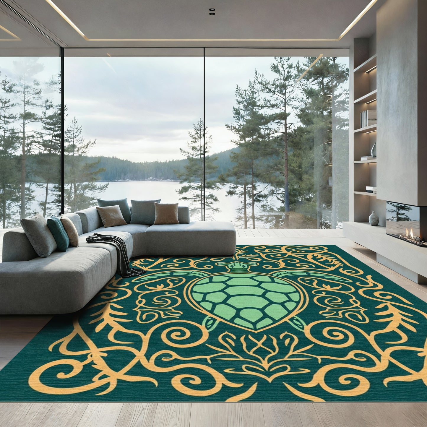 Green Sea Turtle Golden Scrollwork Rug