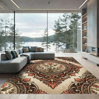 Terracotta Floral Medallion Ornate Scrollwork Rug