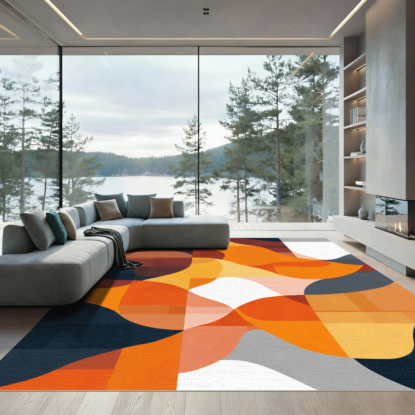 Abstract Orange Yellow Blue Organic Waves Rug