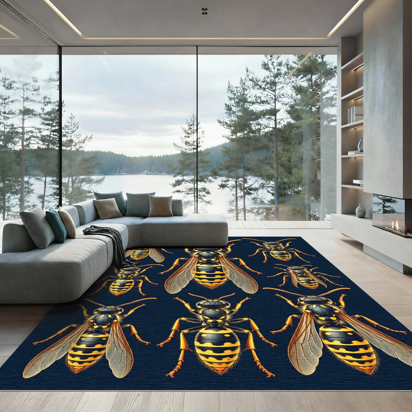 Bold Yellow and Black Wasp Composition Rug