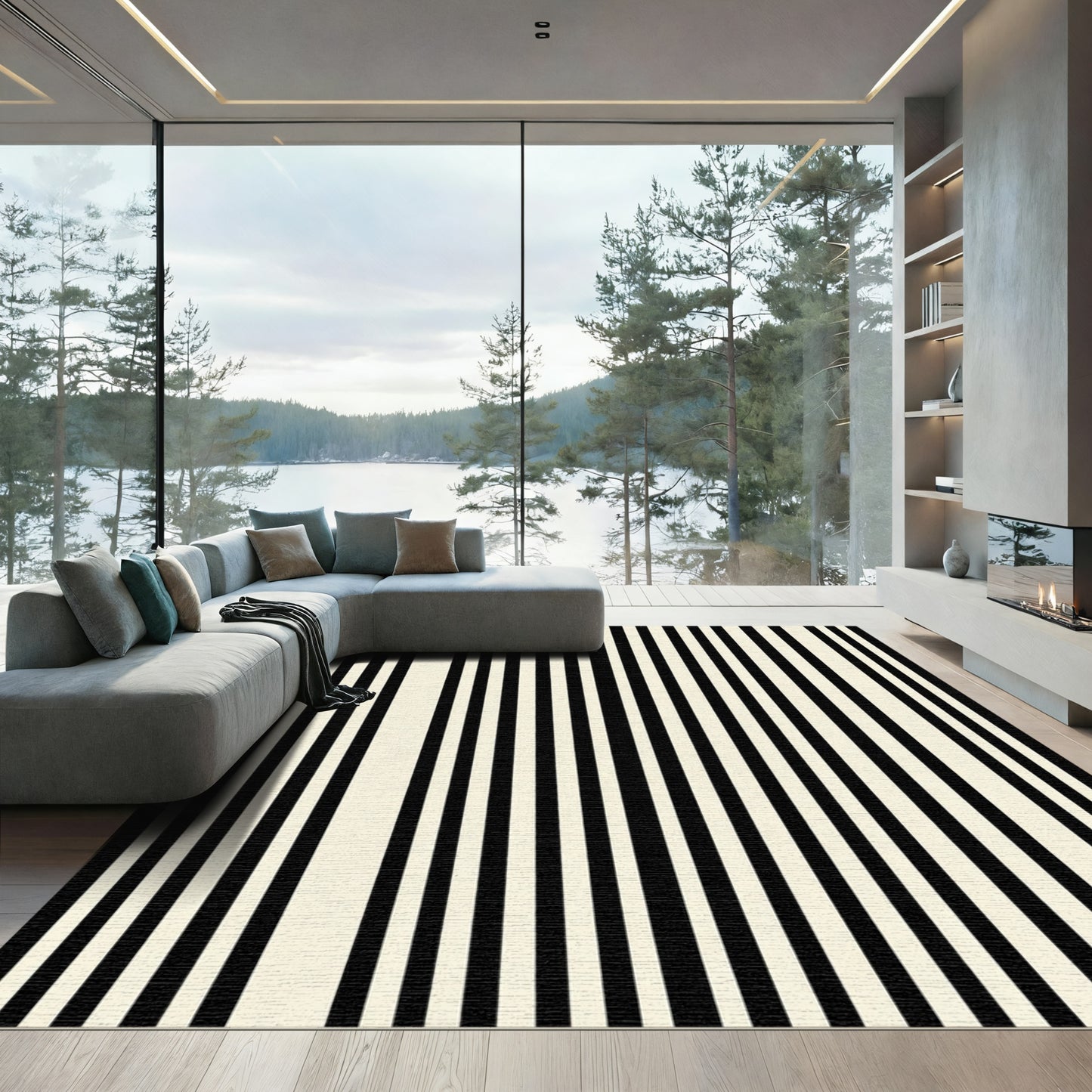 Bold Black Cream Stripe Rug
