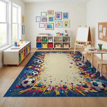 Vibrant Explosive Soccer Balls Rug