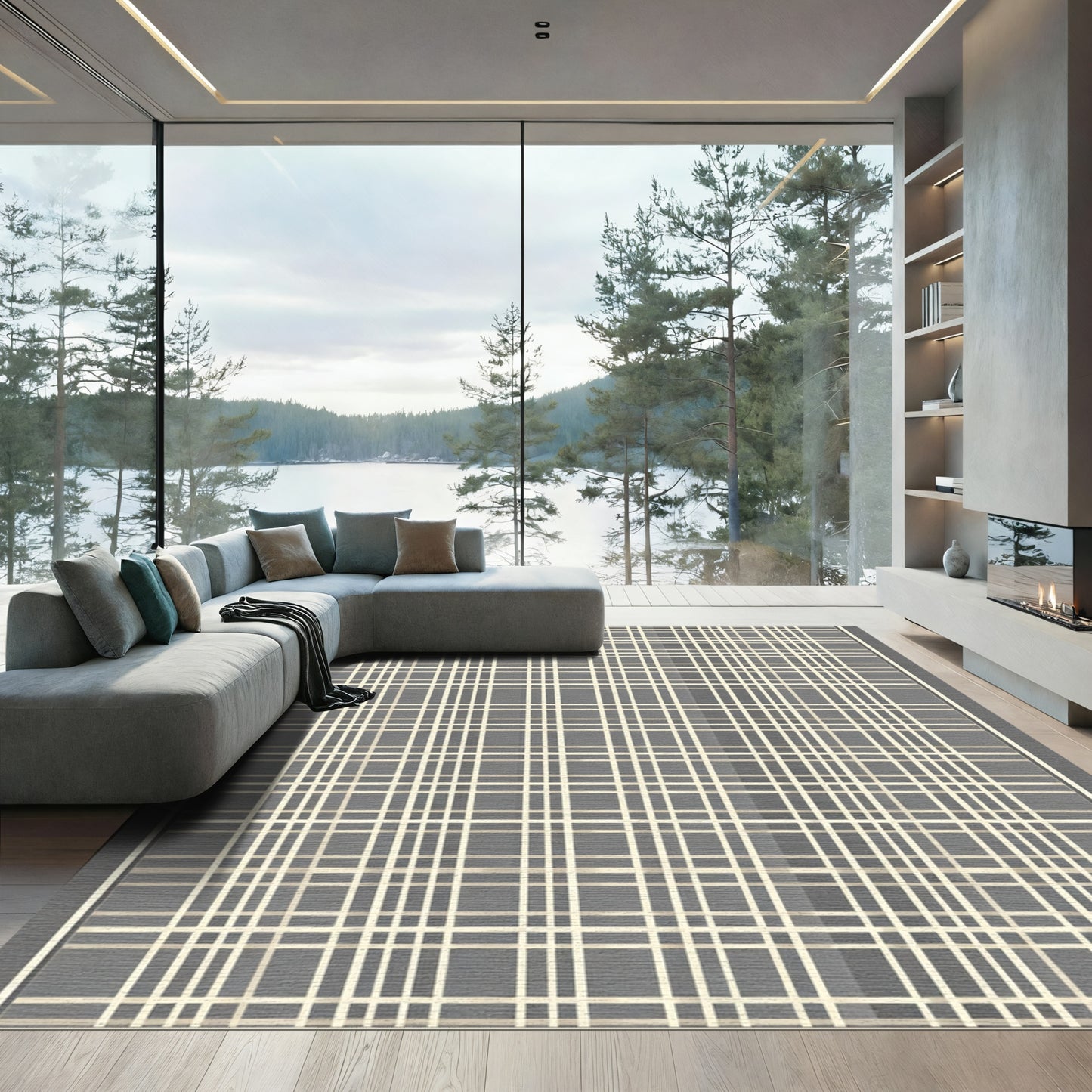 Gray and Cream Checked Grid Rug