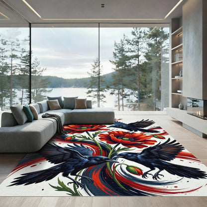 Dramatic Red Poppy Dark Raven Abstract Rug