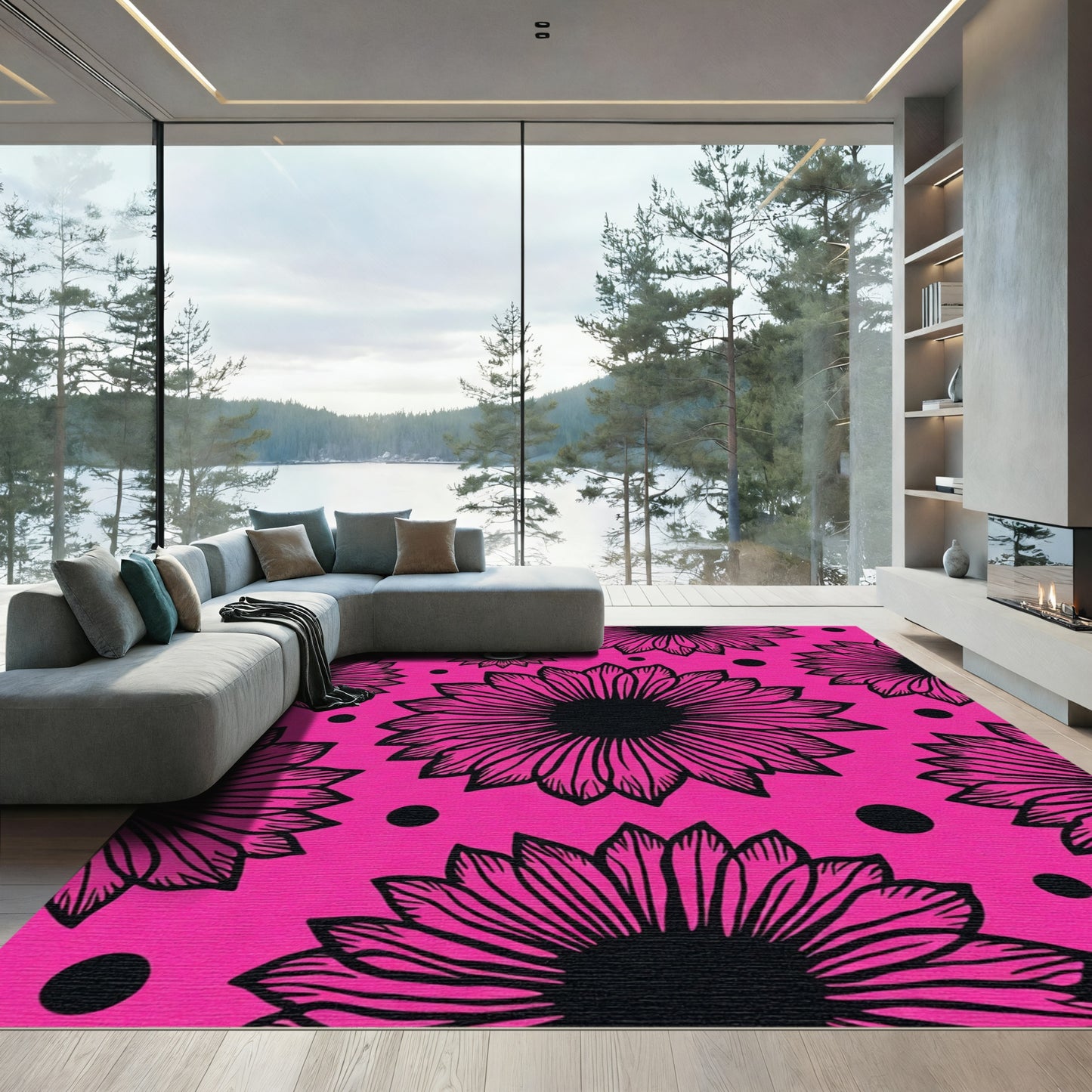 Hot Pink Flower Petal Scatter Rug