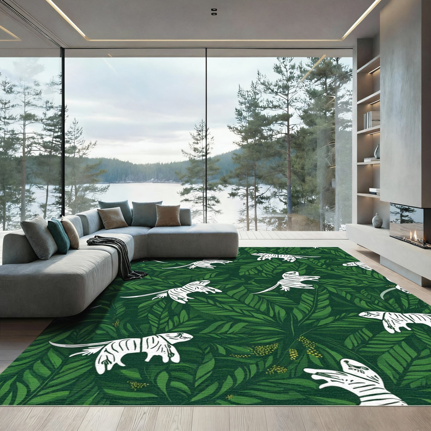 White Tigers Jungle Foliage Rug