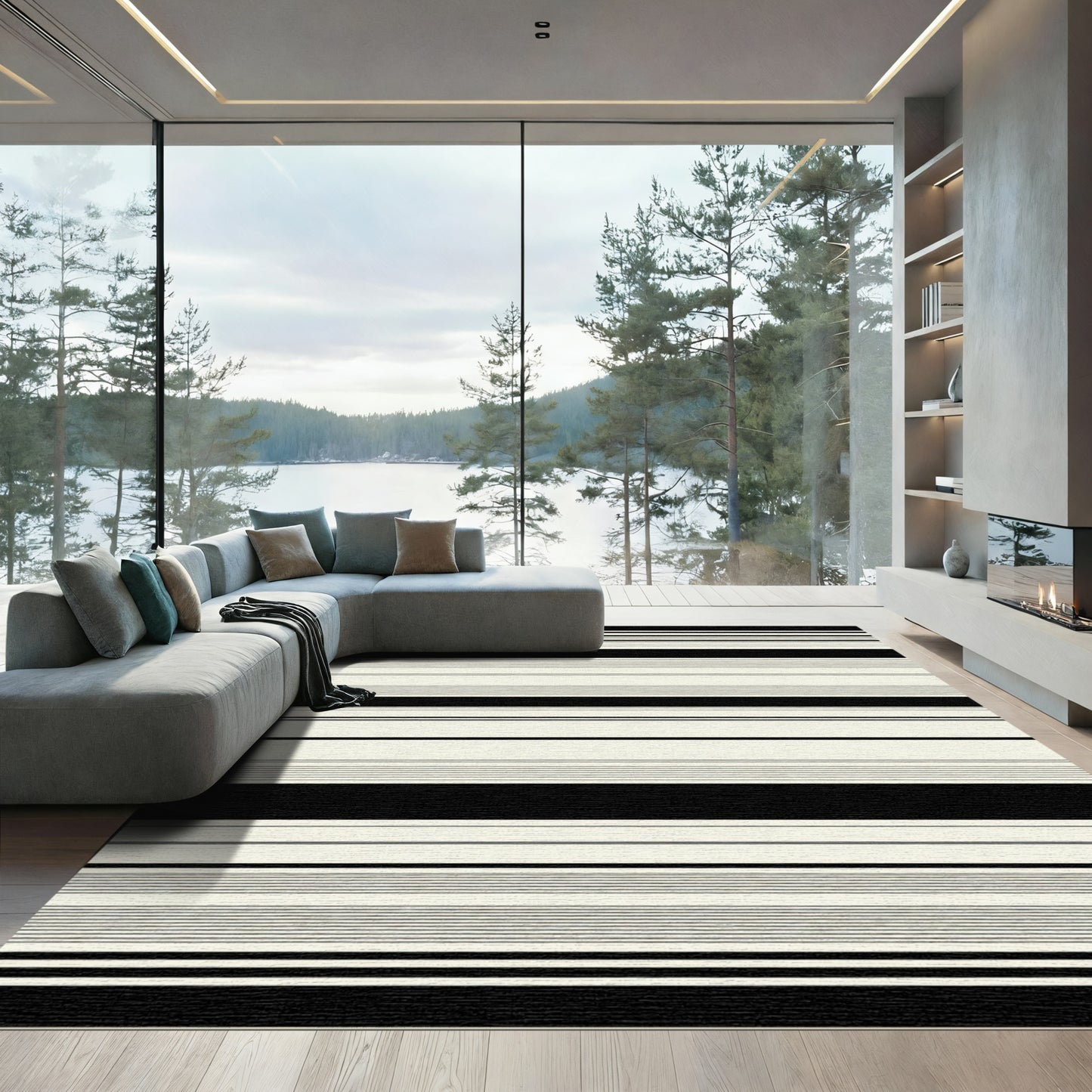 Minimalist Black Cream Horizontal Lines Rug
