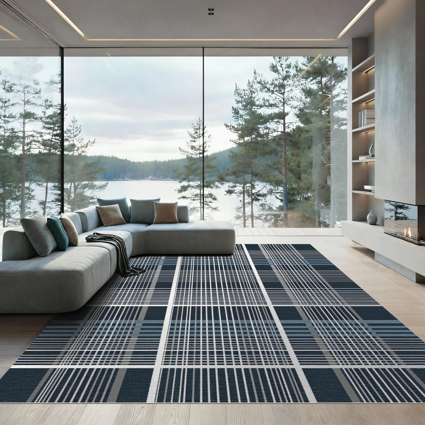 Dark Blue Grid Intersecting Lines Rug