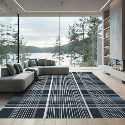 Dark Blue Grid Intersecting Lines Rug