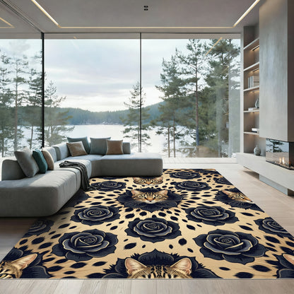 Black Rose Cat Face Leopard Dot Rug