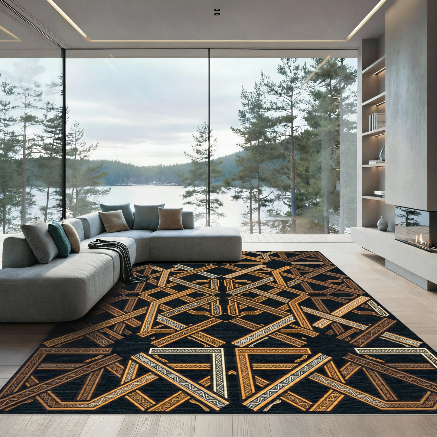 Ornate Golden Geometric Interlocking Lattice Rug