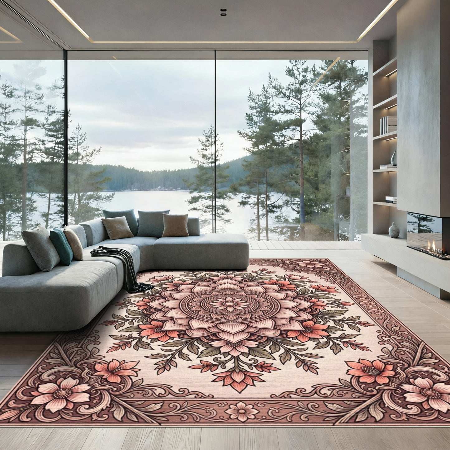 Elegant Blush Floral Mandala Art Rug